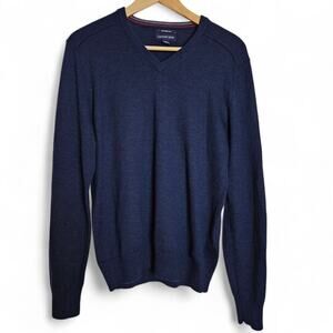 Lands End Mens Navy Blue Merino Wool Quiet Luxury V-Neck Preppy Sweater Size M